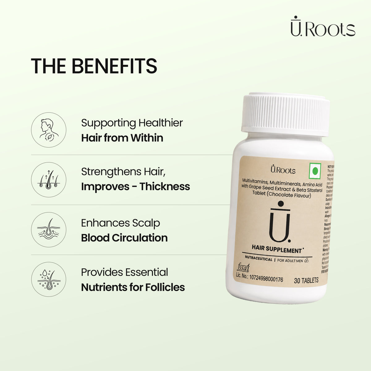 URoots Hair Growth Multivitamin | DHT Control + Biotin | 30 Tablets | Men & Women