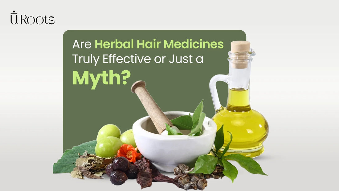 Natural herbal hair growth ingredients featuring Amla, botanical oils, and a mortar and pestle representing Ayurvedic hair restoration.