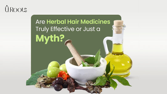 Natural herbal hair growth ingredients featuring Amla, botanical oils, and a mortar and pestle representing Ayurvedic hair restoration.