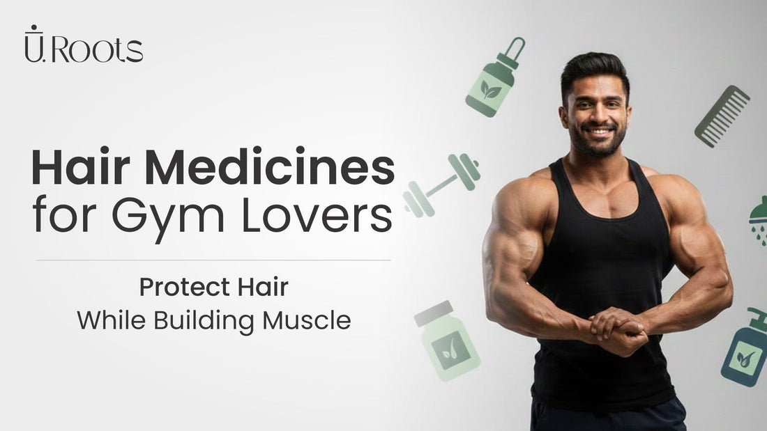 Muscular man in a gym setting promoting hair medicines to protect hair while building muscle.