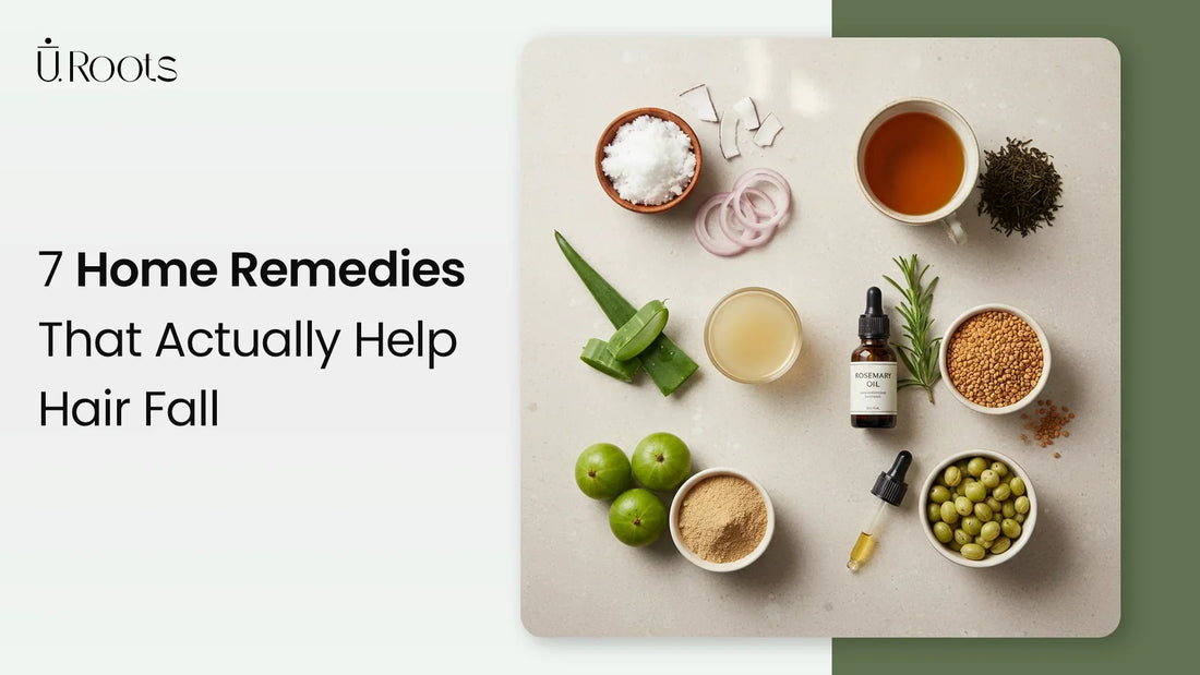Various natural ingredients for hair fall remedies, including coconut, aloe vera, rosemary oil, and more, with the title '7 Home Remedies That Actually Help Hair Fall' from U.R Roots.