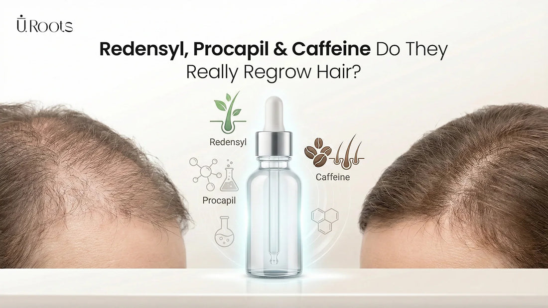 A comparison infographic showing the mechanisms of Redensyl, Procapil, and Caffeine for hair regrowth.