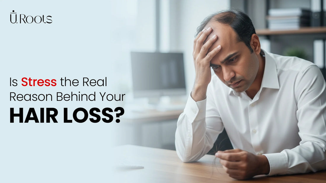 Stressed individual holding hair strands in their hand, questioning if stress is the real reason behind their hair loss.