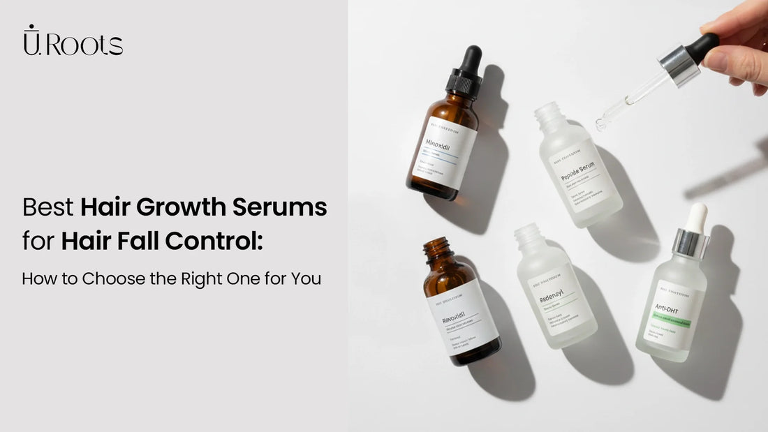 Different types of hair growth serums for hair fall control, with a focus on Minoxidil and Peptide Serum.