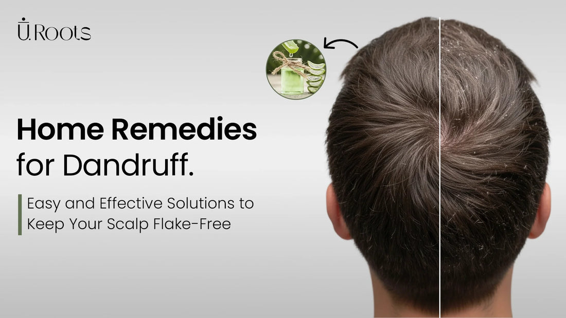 Natural home remedy using coconut oil and aloe vera gel massaged into a scalp to relieve dryness and fight dandruff flakes.