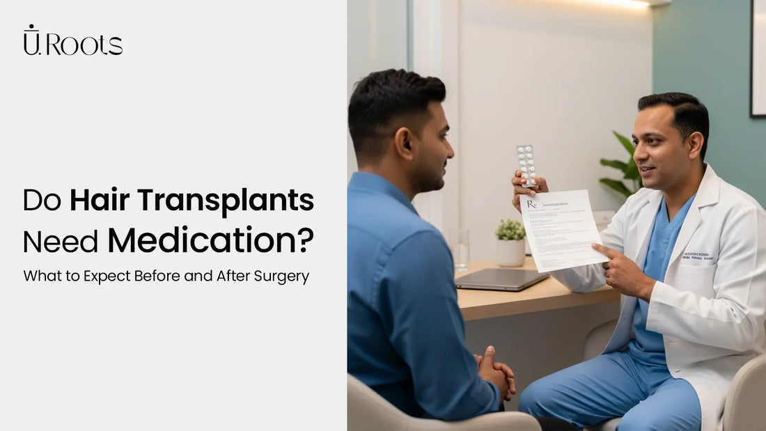 Doctor explaining the importance of medication post-hair transplant with patient in consultation.