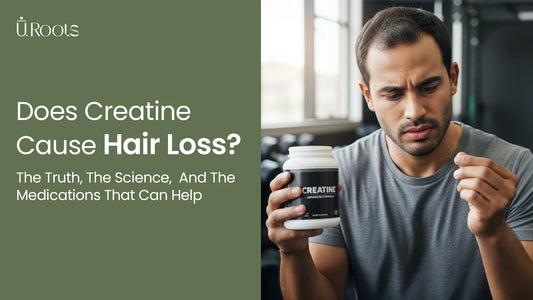 Man holding a creatine supplement bottle while examining his hair loss