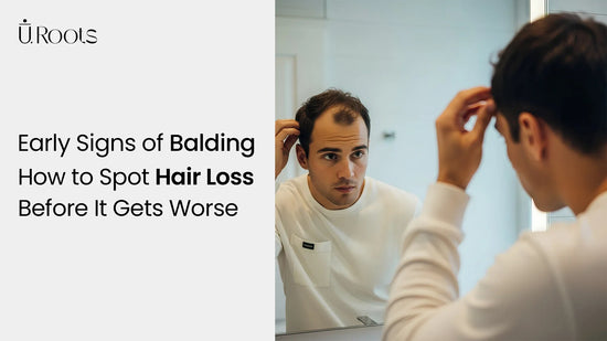 Man inspecting early signs of balding in the mirror, learning how to spot hair loss.
