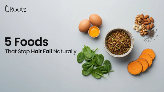 Foods that stop hair fall naturally, including eggs, spinach, sweet potatoes, and seeds