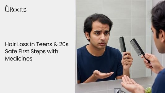 Young man looking at hair loss in the mirror and exploring safe treatment options in his teens and 20s