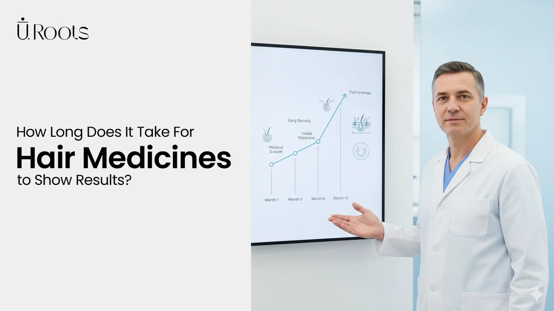 Doctor explaining how long hair loss medicines take to show results on a graph