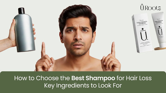 A concerned man pointing to U-Roots Hair Strength Shampoo, illustrating how to choose the best shampoo for hair loss and thinning.