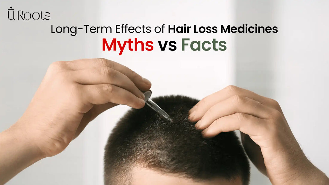 Hands applying a topical hair loss treatment to the scalp, representing myths and facts about long-term effects of hair loss medicines.