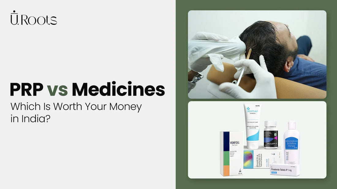 Split image showing a PRP scalp injection and a range of U.Roots medical hair loss products.