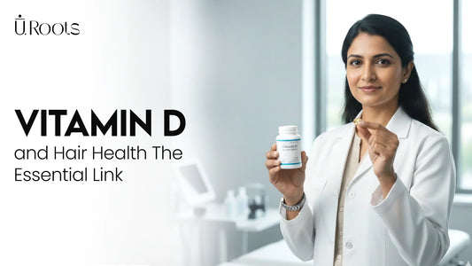 A female healthcare professional at QHT Clinic holding a Vitamin D supplement bottle and a capsule, illustrating the link between Vitamin D and hair health.