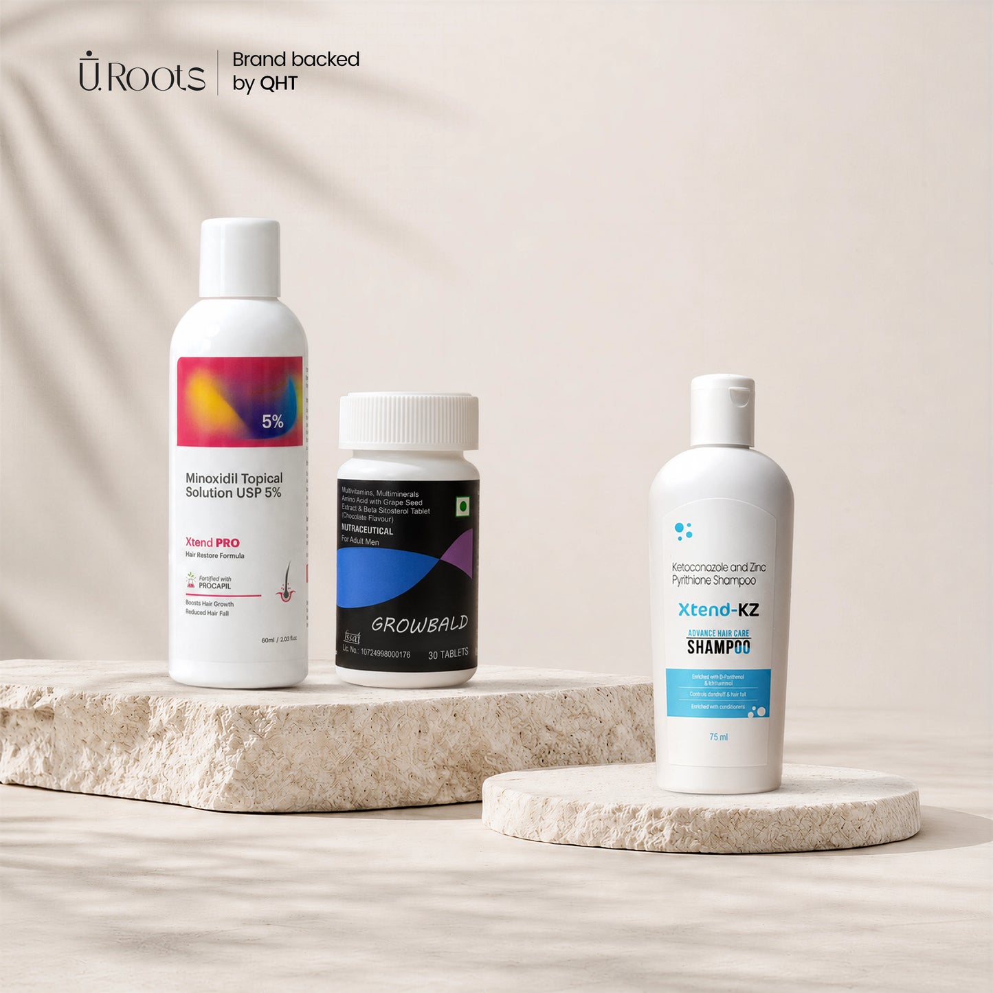 URoots Complete Hair Care System Kit — Ketoconazole Shampoo + Minoxidil + Daily Supplement for Men