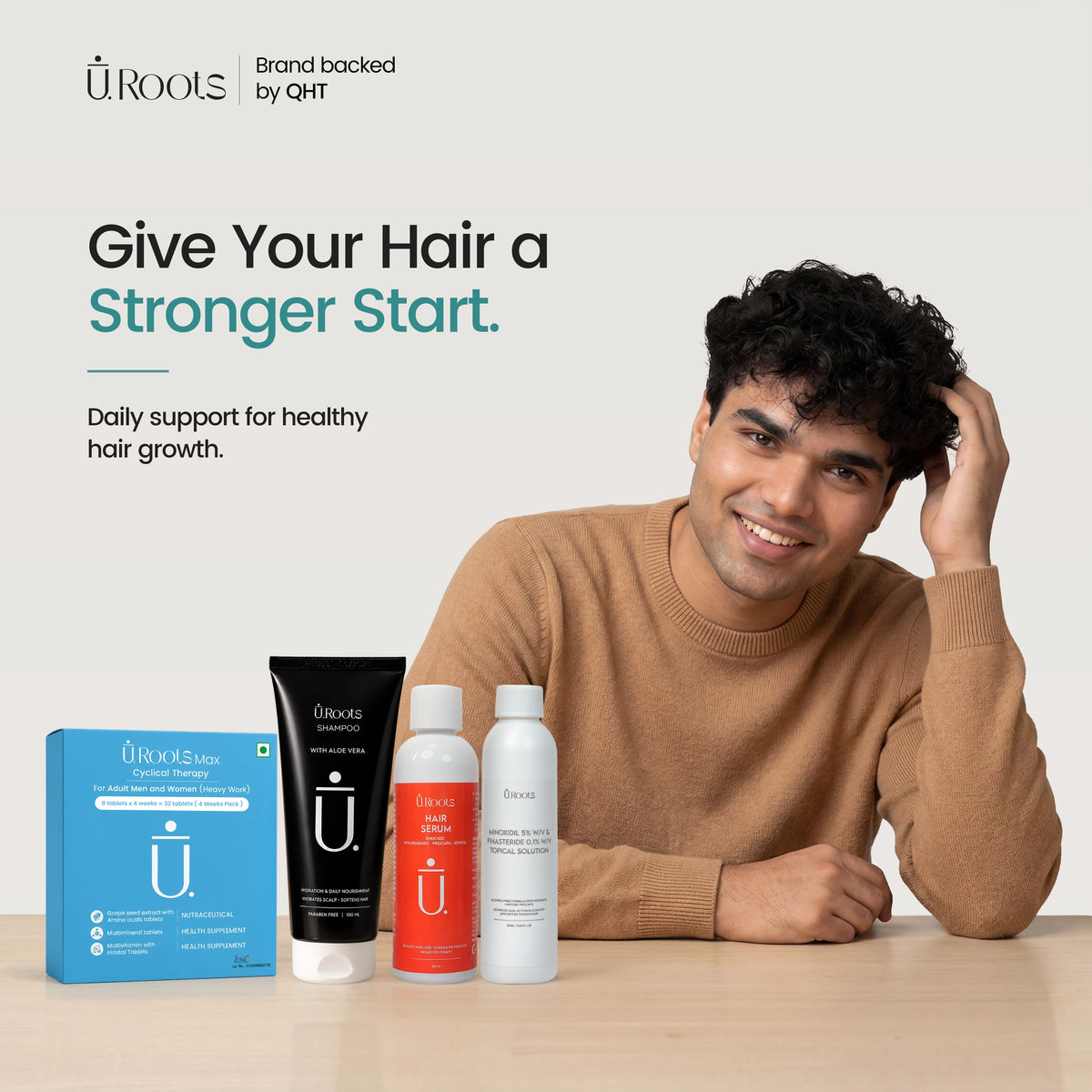 URoots Advanced Men's Hair Kit | Minoxidil + Finasteride + Shampoo + Supplement | 4-Piece | For Men