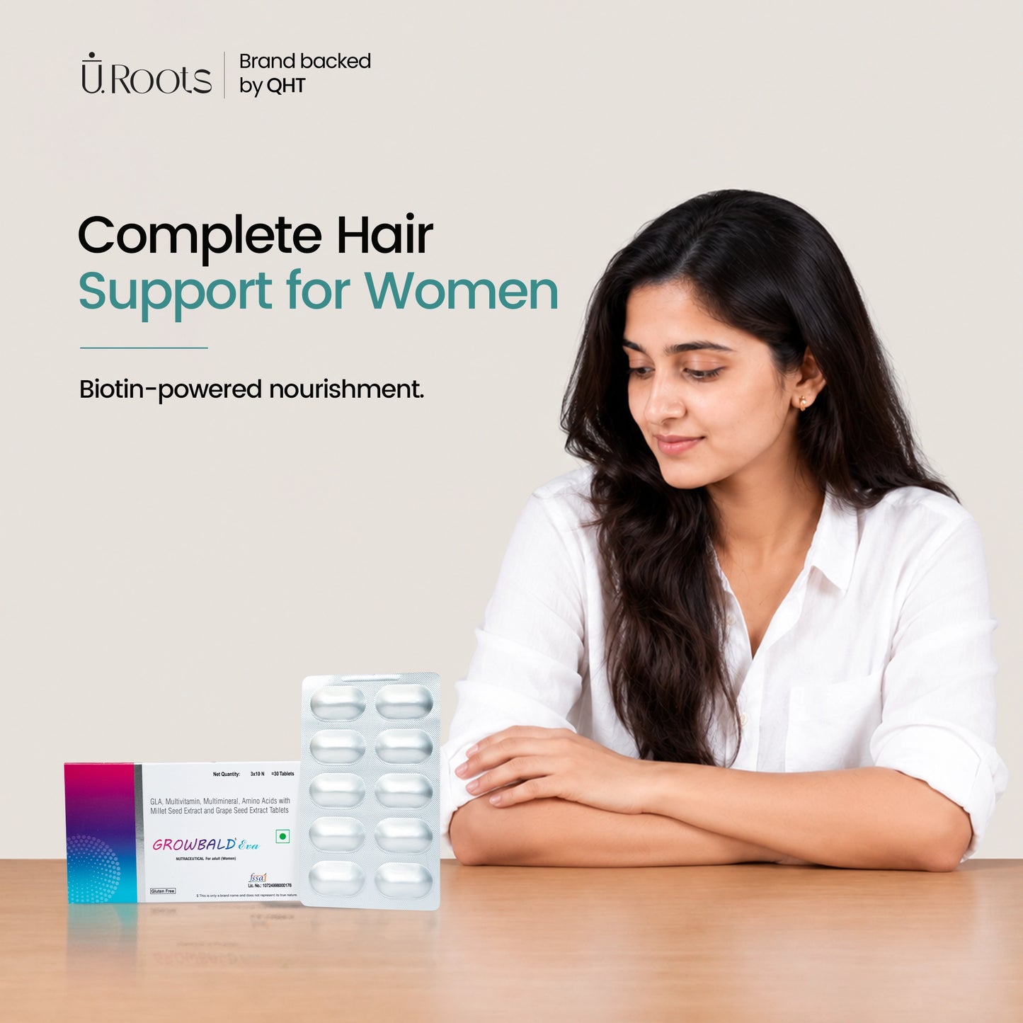 URoots Growbald EVA Clinical Women Hair Density & Nutrition Formula | 3 Pack (180 Tablets) | For Women Only