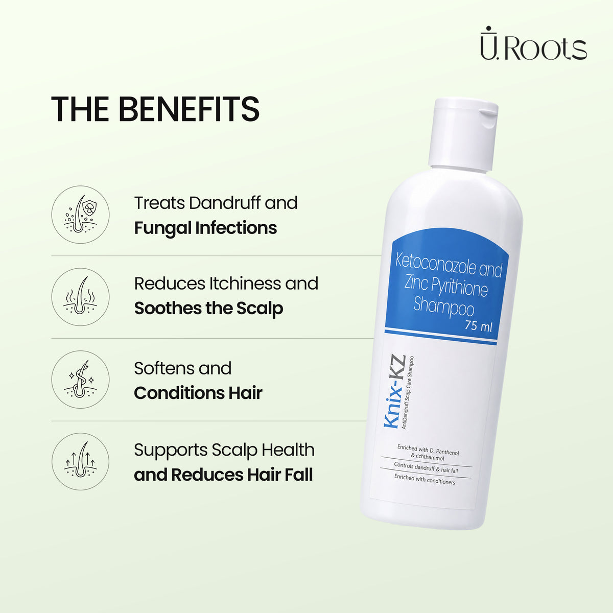 URoots Knix KZ | Anti-Dandruff Shampoo | 2% Ketoconazole + Zinc Pyrithione | 75ml | Men & Women